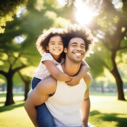 A cheerful scene of a child getting a shoulder ride from their parent in a park