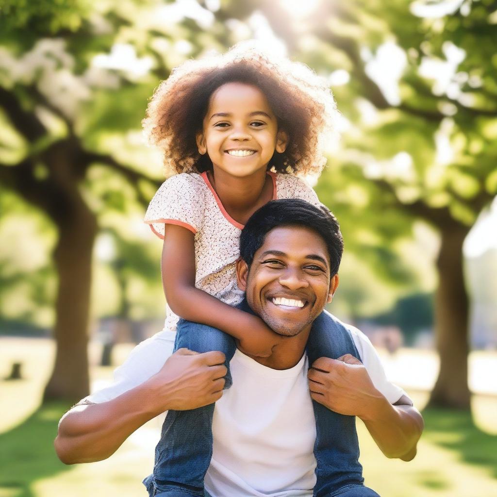 A cheerful scene of a child getting a shoulder ride from their parent in a park