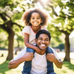 A cheerful scene of a child getting a shoulder ride from their parent in a park