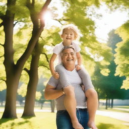 A cheerful scene of a child getting a shoulder ride from their parent in a park