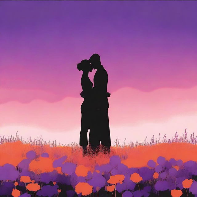 A minimalist design of a tall, slender black American man and a petite black American woman standing back-to-back in a field of wildflowers