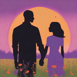 A minimalist design of a tall, slender black American man and a petite black American woman standing back-to-back in a field of wildflowers