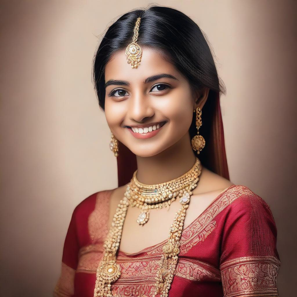 A portrait of a 21-year-old Indian girl with traditional attire and jewelry, smiling warmly