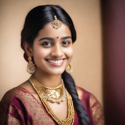 A portrait of a 21-year-old Indian girl with traditional attire and jewelry, smiling warmly