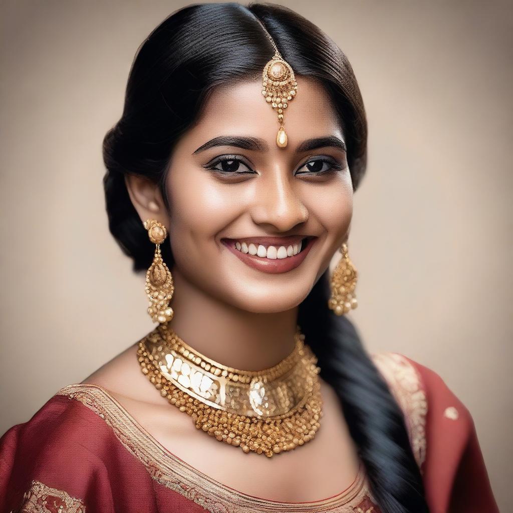 A portrait of a 21-year-old Indian girl with traditional attire and jewelry, smiling warmly