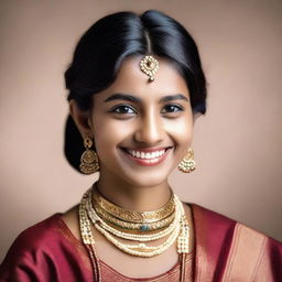 A portrait of a 21-year-old Indian girl with traditional attire and jewelry, smiling warmly