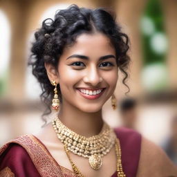 A portrait of a 21-year-old Indian girl with curly hair and a beautiful smile