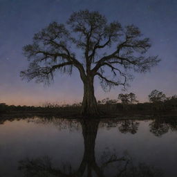 A captivating night scene of a dry Louisiana cypress tree forest, where trees draped in Spanish moss stand silhouetted against the moonlit sky, devoid of any water bodies.