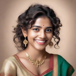 A portrait of a 21-year-old Indian girl with curly hair and a beautiful smile