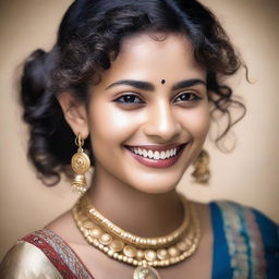 A portrait of a 21-year-old Indian girl with curly hair and a beautiful smile