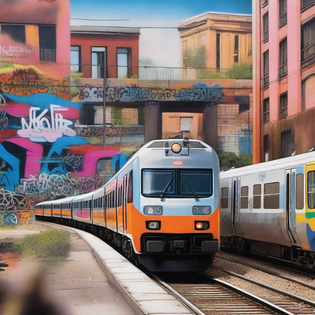 A realistic scene of trains in Catalonia covered in graffiti