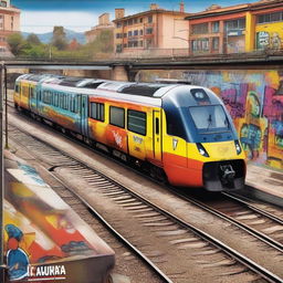 A realistic scene of trains in Catalonia covered in graffiti