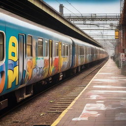 A realistic scene of trains in Catalonia covered in graffiti