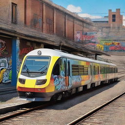 A realistic scene of trains in Catalonia covered in graffiti