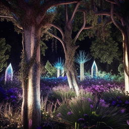 An enchanting magical garden, filled with radiant, oversized blossoms of all colors, bioluminescent plants that glow in the dark, wandering mythical creatures, sparkling water features, and a canopy of starlit vines overhead.