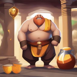 Gragas from League of Legends dressed as a Shaolin monk, looking happy and drunk