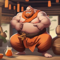 Gragas from League of Legends dressed as a Shaolin monk, looking happy and drunk