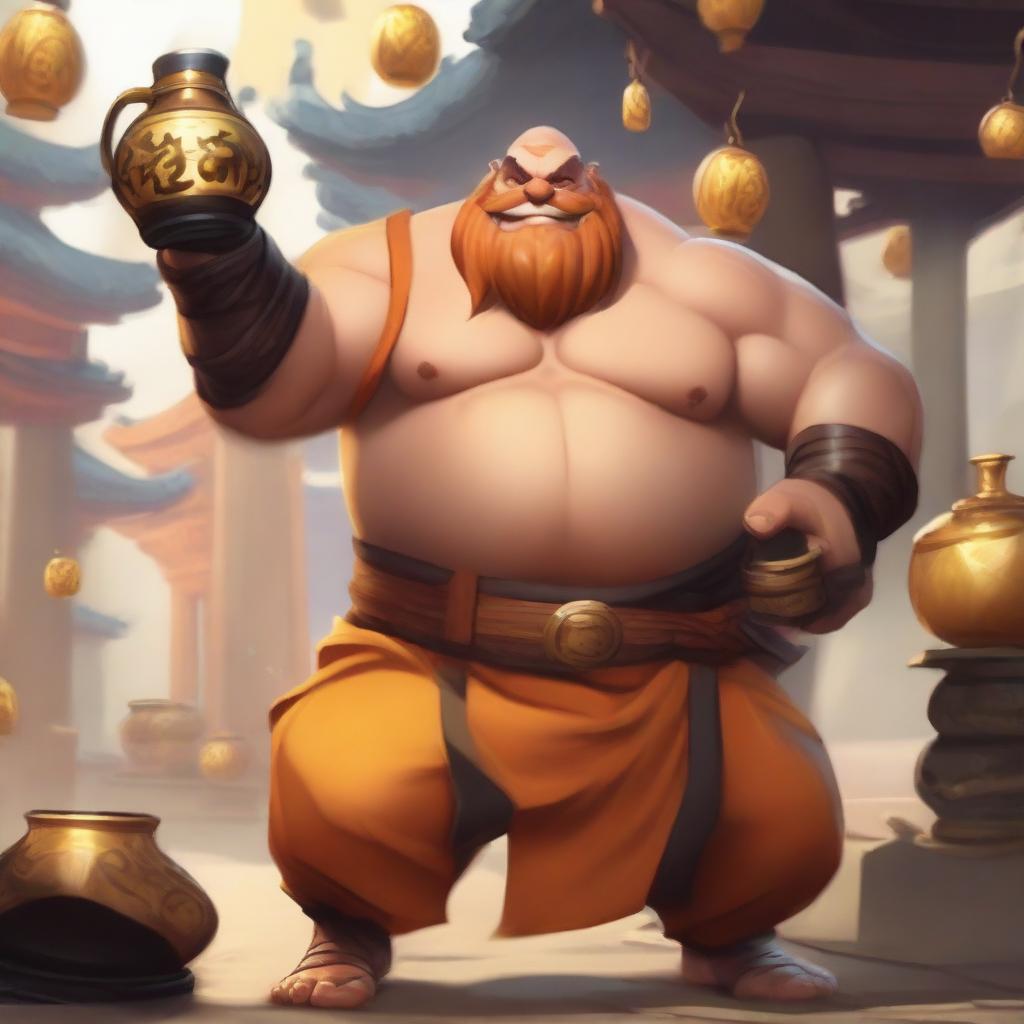 Gragas from League of Legends dressed as a Shaolin monk, looking happy and drunk