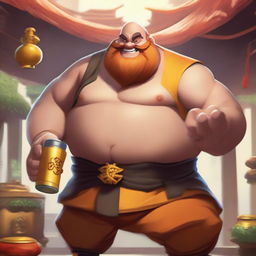 Gragas from League of Legends dressed as a Shaolin monk, looking happy and drunk