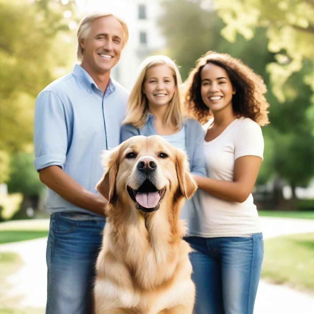 A happy family of four consisting of a mother, father, a young boy, and a young girl standing together with warm, joyful expressions