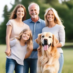 A happy family of four consisting of a mother, father, a young boy, and a young girl standing together with warm, joyful expressions