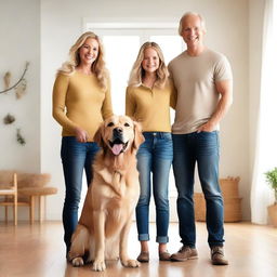 A happy family of four consisting of a mother, father, a young boy, and a young girl standing together with warm, joyful expressions