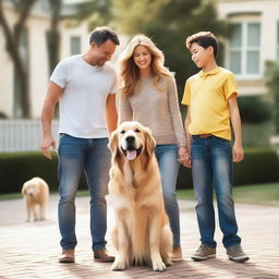 A happy family of four consisting of a mother, father, a young boy, and a young girl standing together with warm, joyful expressions