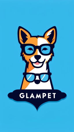 A 'Glampet' logo with the company name, featuring a fashionable cat and dog wearing glasses against a sky-blue background