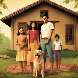 A movie poster featuring an Indian family of four consisting of a mother, father, a young boy, and a young girl standing together with their backs facing the viewer