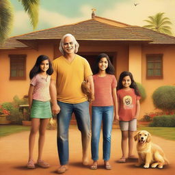 A movie poster featuring an Indian family of four consisting of a mother, father, a young boy, and a young girl standing together with their backs facing the viewer