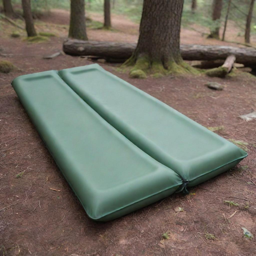 Show a rectangular, single-person, foldable sleeping pad with squared edges, set in a relaxed camping scenario, highlighting its distinctive design and functional ease.