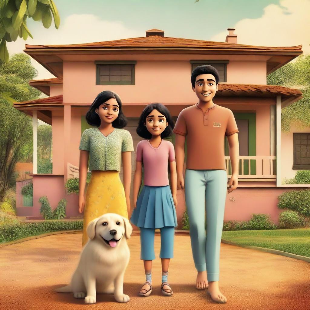 A movie poster featuring an Indian family of four consisting of a mother, father, a young boy, and a young girl standing together with their backs facing the viewer