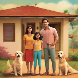 A movie poster featuring an Indian family of four consisting of a mother, father, a young boy, and a young girl standing together with their backs facing the viewer