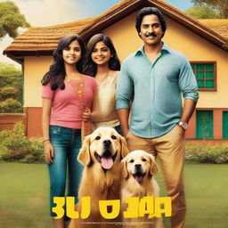 A movie poster featuring an Indian family of four consisting of a mother, father, a young boy, and a young girl standing together with their backs facing the viewer