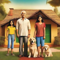 A movie poster featuring an Indian family of four consisting of a mother, father, a young boy, and a young girl standing together with their backs facing the viewer