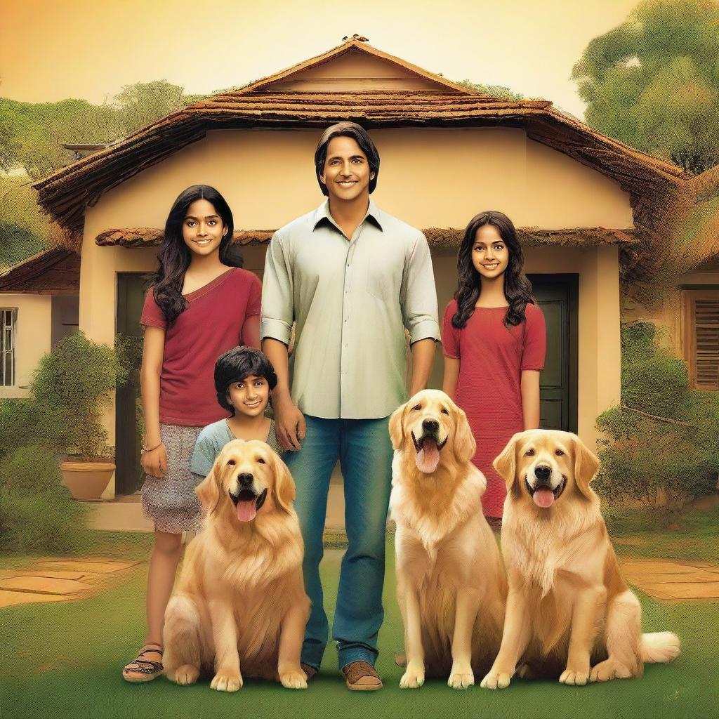 A movie poster featuring an Indian family of four consisting of a mother, father, a young boy, and a young girl standing together with their backs facing the viewer