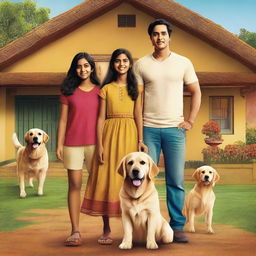 A movie poster featuring an Indian family of four consisting of a mother, father, a young boy, and a young girl standing together with their backs facing the viewer