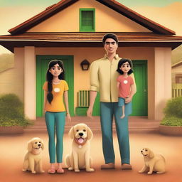 A movie poster featuring an Indian family of four consisting of a mother, father, a young boy, and a young girl standing together with their backs facing the viewer