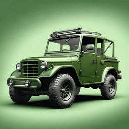 Create an image of an infinity car merged with a 4x4 vehicle, painted in green vintage military colors