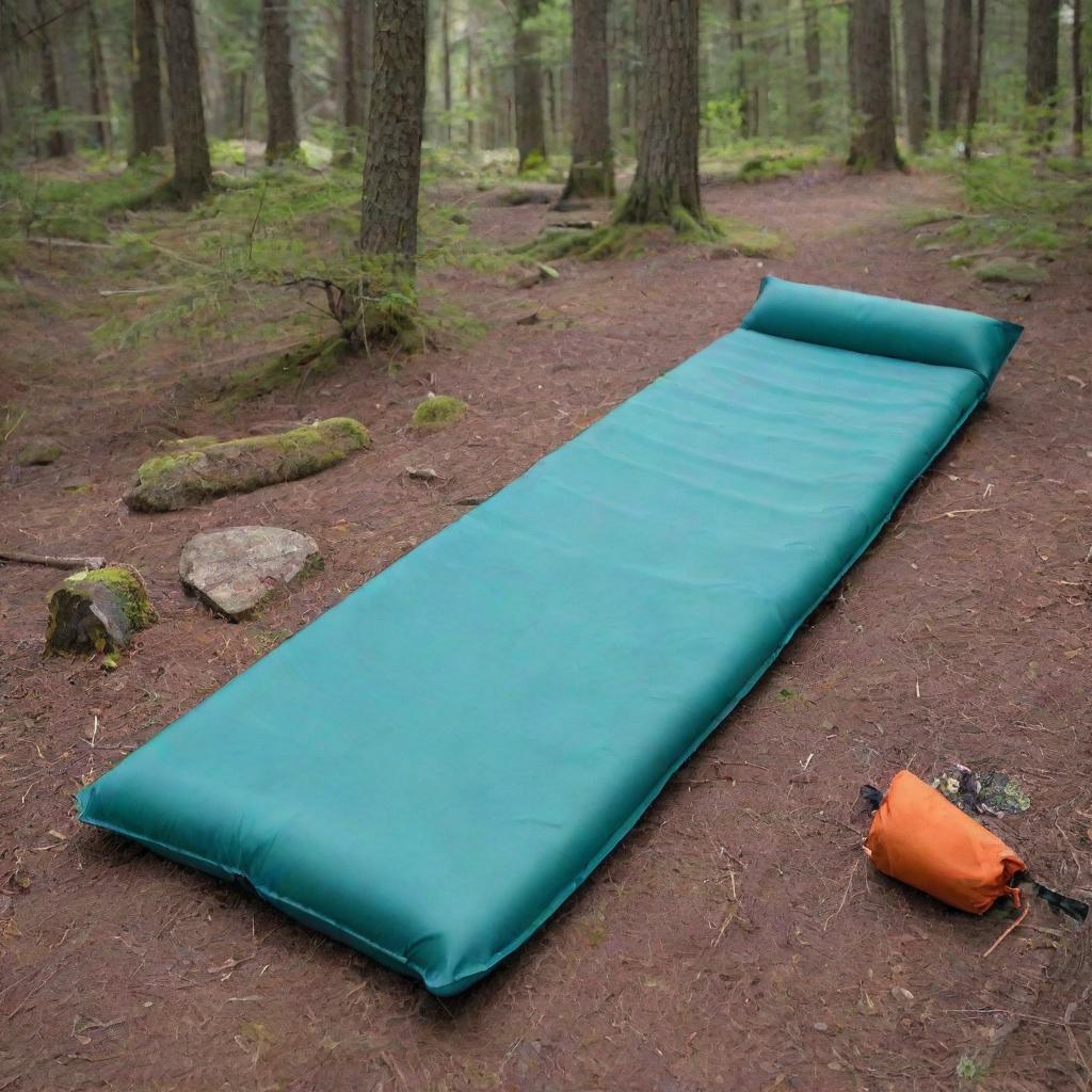 Show a rectangular, single-person, foldable sleeping pad with squared edges, set in a relaxed camping scenario, highlighting its distinctive design and functional ease.