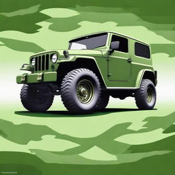 Create an image of an infinity car merged with a 4x4 vehicle, painted in green vintage military colors