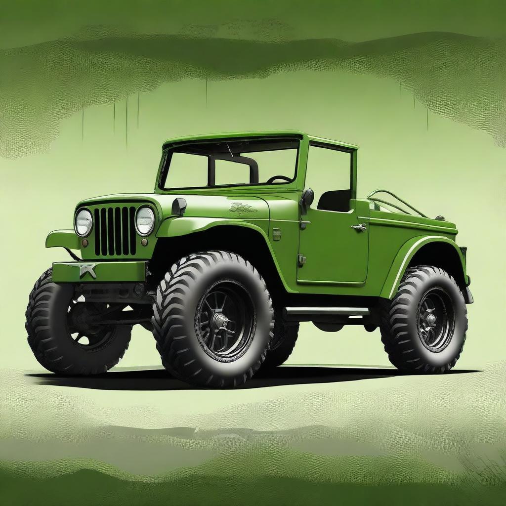 Create an image of an infinity car merged with a 4x4 vehicle, painted in green vintage military colors