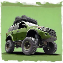 Create an image of an infinity car merged with a 4x4 vehicle, painted in green vintage military colors