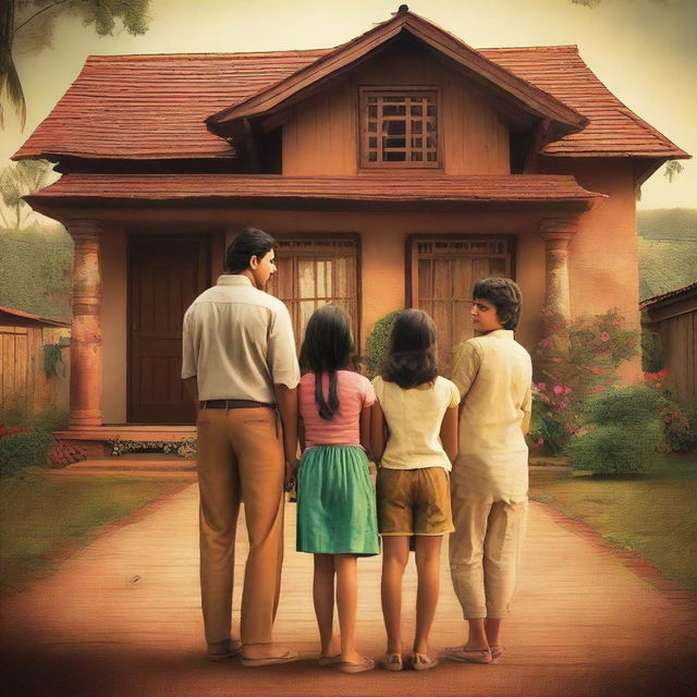 A movie poster featuring an Indian family of four consisting of a mother, father, a young boy, and a young girl standing together with their backs facing the viewer