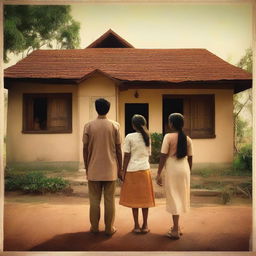 A movie poster featuring an Indian family of four consisting of a mother, father, a young boy, and a young girl standing together with their backs facing the viewer