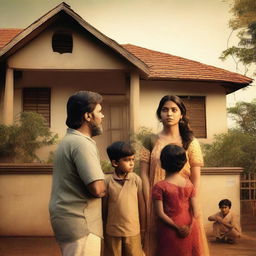 A movie poster featuring an Indian family of four consisting of a mother, father, a young boy, and a young girl standing together with their backs facing the viewer