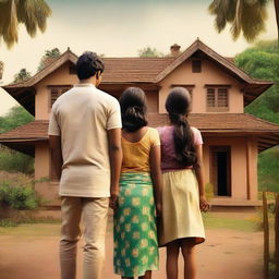 A movie poster featuring an Indian family of four consisting of a mother, father, a young boy, and a young girl standing together with their backs facing the viewer