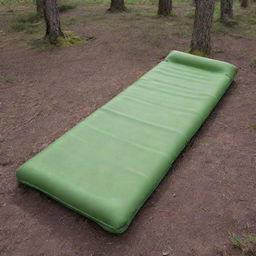 Show a rectangular, single-person, foldable sleeping pad with squared edges, set in a relaxed camping scenario, highlighting its distinctive design and functional ease.