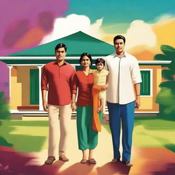 Create a movie poster featuring an Indian family consisting of a father, mother, and two sons