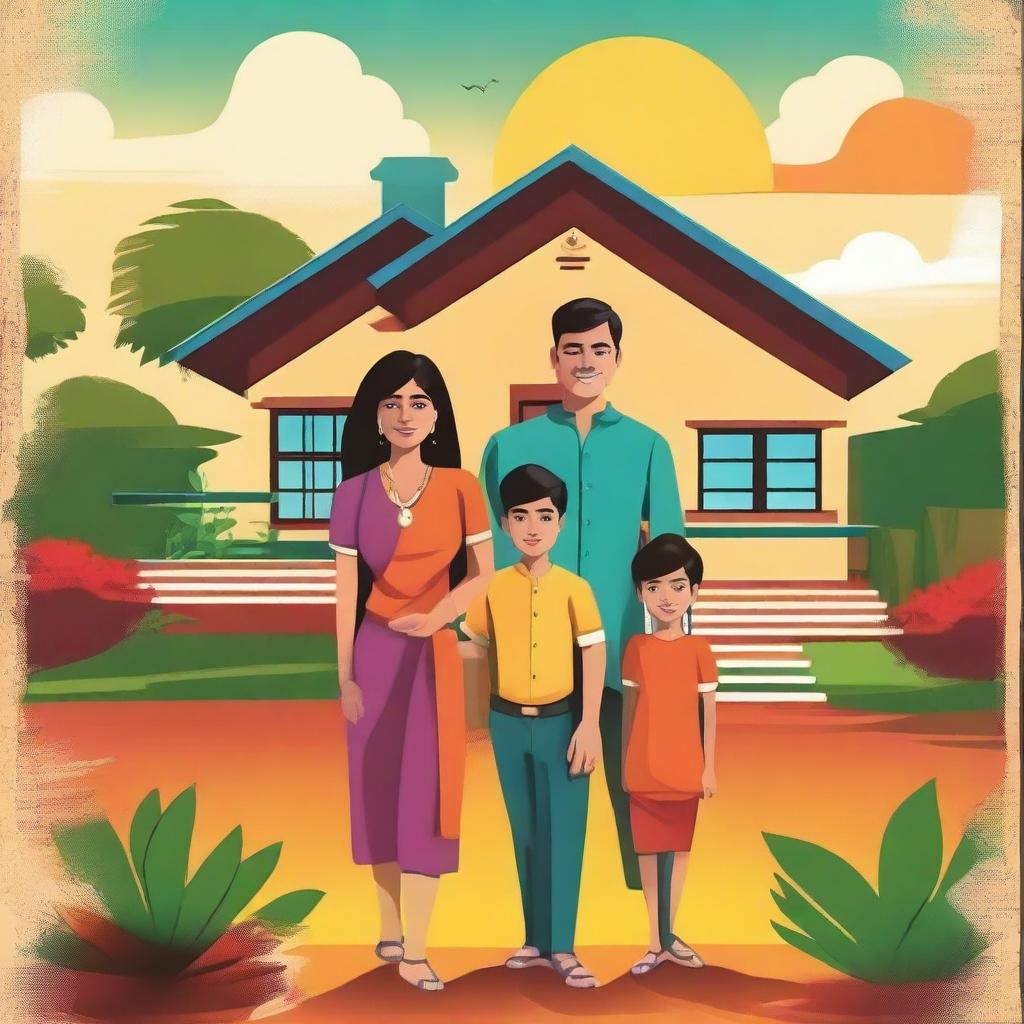 Create a movie poster featuring an Indian family consisting of a father, mother, and two sons